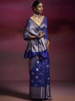 Dressfolk Ink Blue Woven Design Banarasi Silk Cotton Saree With Zari Border & Floral Butta - Image 3