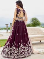 Wine Embroidered Satin Silk Beads & Stone Ready To Wear Lehenga Choli With Dupatta - Image 4
