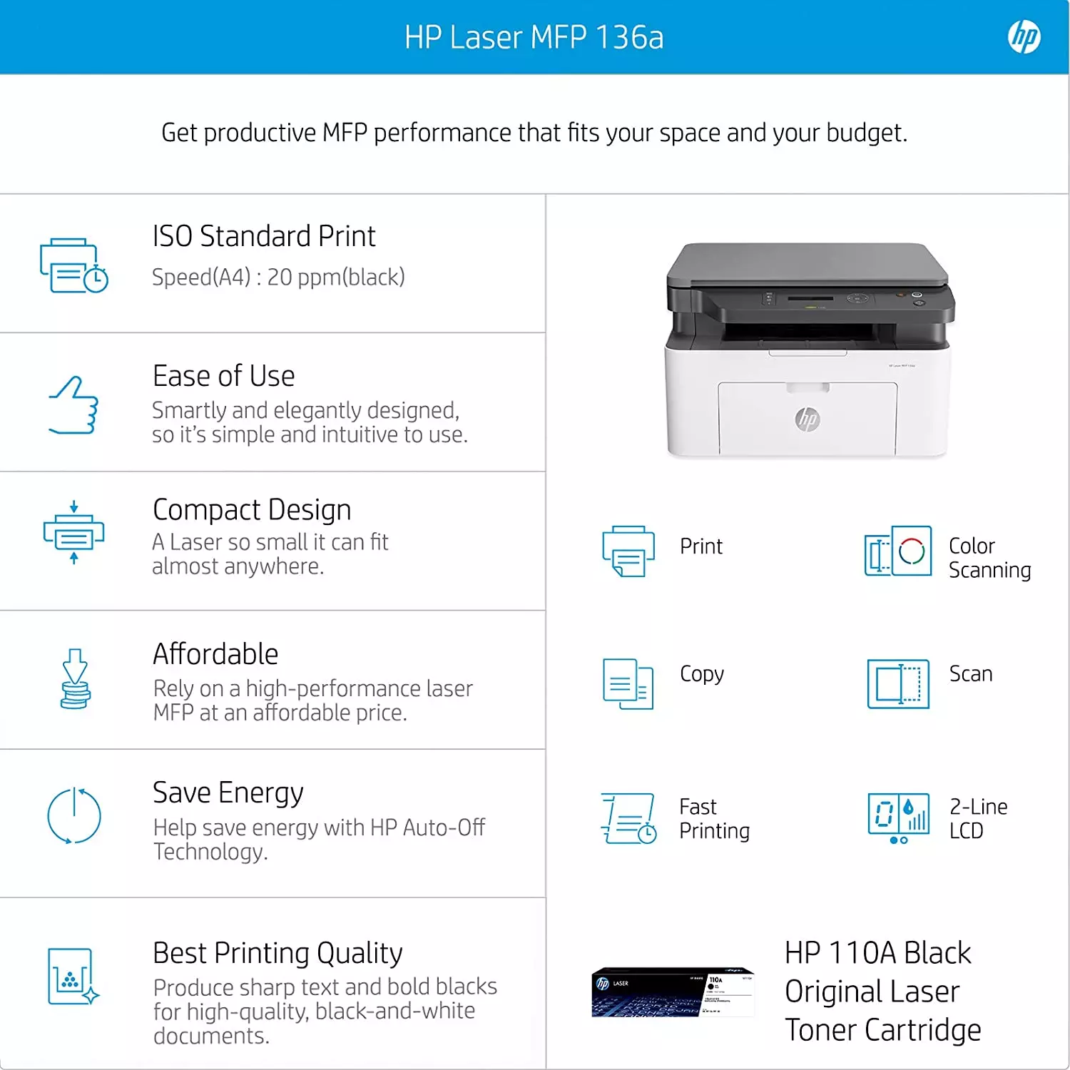HP Laser MFP 136a Wireless Print, Copy Scan 40-Sheet ADF Ethernet - Image 2
