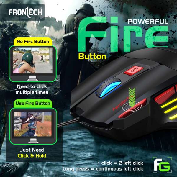 Frontech AeroStrike Wired USB Gaming Mouse with 7 Buttons | Stylish Grip 7200 DPI Wired Ambidextrous Optical Gaming Mouse  (USB 2.0, Black, Red) - Image 3
