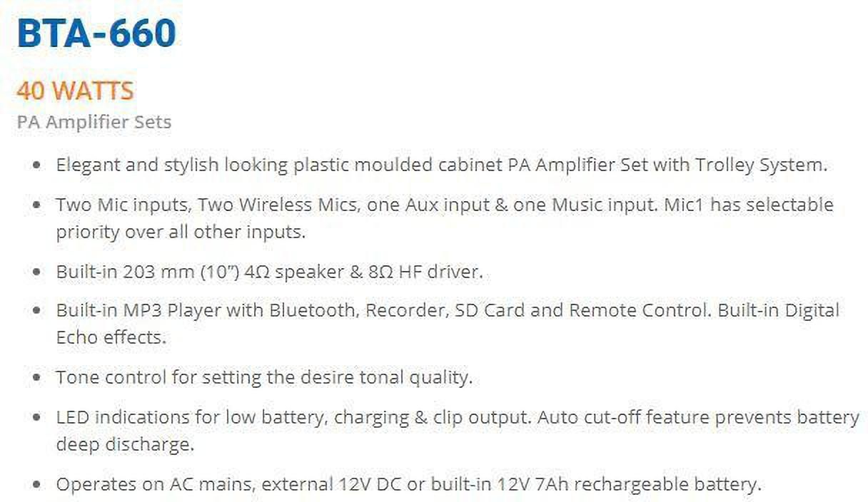 Ahuja BTA-660 with 2 wireless mic, USB, Recording & Battery backup 40 W Bluetooth Tower Speaker - Image 2