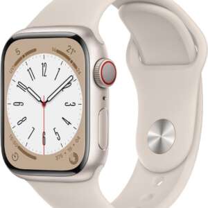 Apple Watch Series 8, 41mm GPS + Cellular ECG app, Temperature sensor, Crash Detection  (Starlight Sport Strap, Regular)