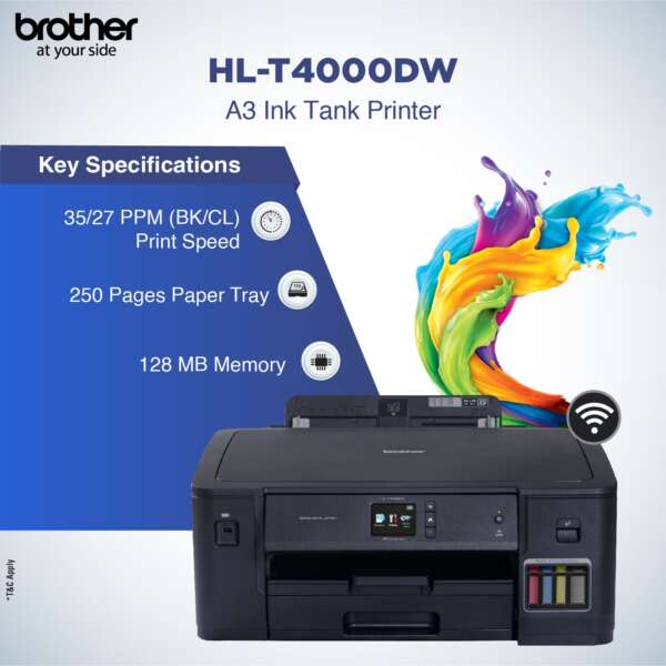 brother HL-T4000DW Single Function WiFi Color Ink Tank Printer  (4 Ink Bottles Included) - Image 2