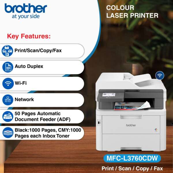 brother MFC-L3760CDW Multi-function WiFi Color Laser Printer for Print/Copy/Scan/Fax with 3.5-inch Touch Screen Display, Auto Duplex Feature, 512MB Memory, ADF, 26 PPM, Free Installation & with Up to 1000 Pages of Black + Color Ink Toner in the box  (Toner Cartridge) - Image 2
