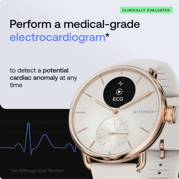 Withings Scanwatch2 Heart Health Monitor, ECG, SPO2, 30 Day Battery Life - 38mm Hybrid Smartwatch  (White-Gold Strap, 38mm) - Image 2
