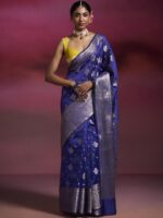 Dressfolk Ink Blue Woven Design Banarasi Silk Cotton Saree With Zari Border & Floral Butta - Image 2