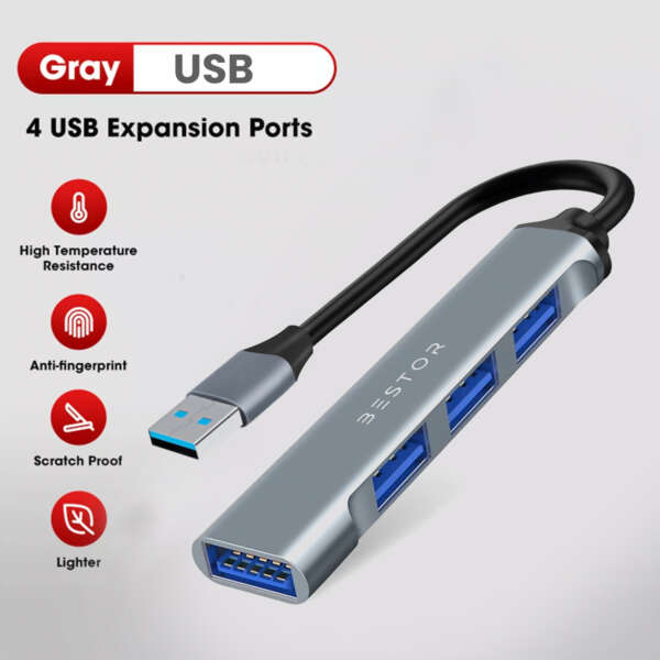 Bestor Multiport Adapter for MacBook Pro Air M1 4-in-1 4Port USB Hub  (GREY USB) - Image 3