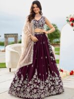 Wine Embroidered Satin Silk Beads & Stone Ready To Wear Lehenga Choli With Dupatta