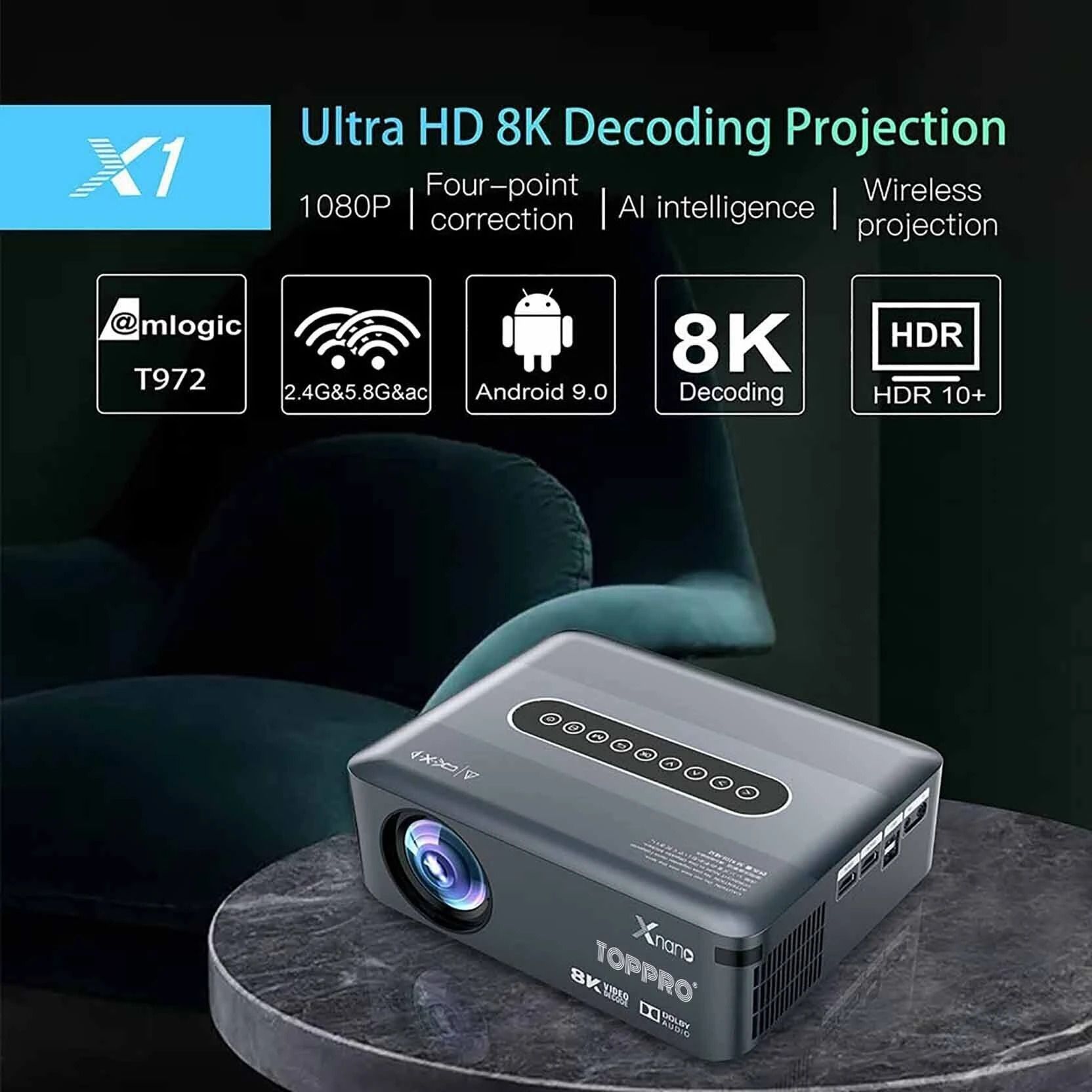 TOPPRO X1 Android 9.0 Full HD 2/16GB 5G WiFi/BT 5.0 Voice Control Remote 300 ANSI Lumen (12000 lm / 1 Speaker / Wireless / Remote Controller) Portable Projector  (X1) - Image 2