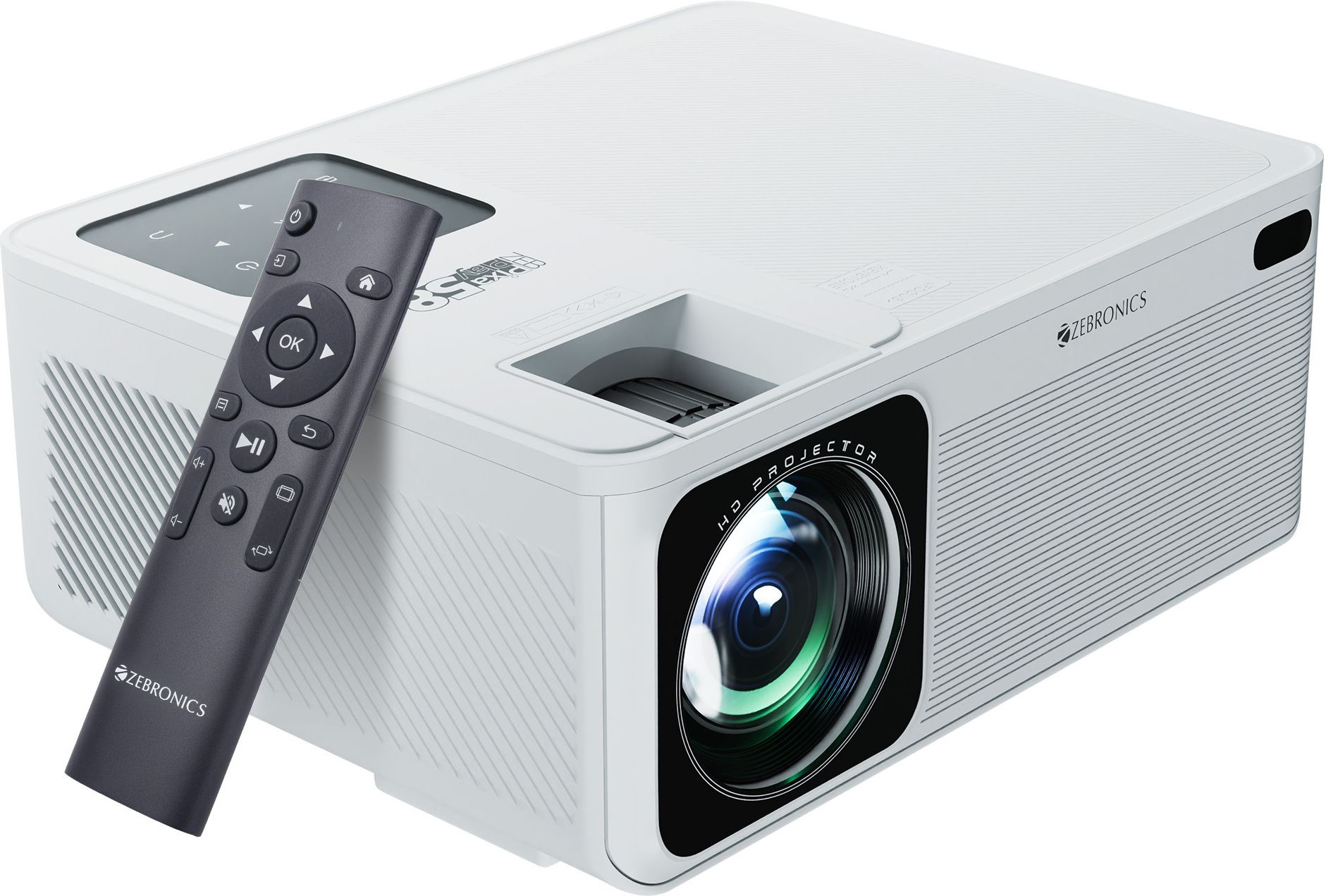 ZEBRONICS ZEB- MLP 4 (11500 lm) Portable /ZEB-PIXAPLAY 58 1080p Native with 4K Support, 210 Inch Screen Size, Quad Core Processor, Bluetooth, HDMI, USB, WIFI, AUX, Miracast, App Support Smart Projector  (White)