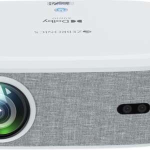 ZEBRONICS ZEB-PIXAPLAY 28 (18000 lm) 1080p FHD, 508 cm Screen, Dolby Audio, Auto Focus, Auto Keystone, HDMI (ARC), Miracast, Dual Band, 30,000 Hour Lamp Life, OTT Apps Support : Netflix, Amazon Prime, YouTube Smart Projector  (White + Grey)