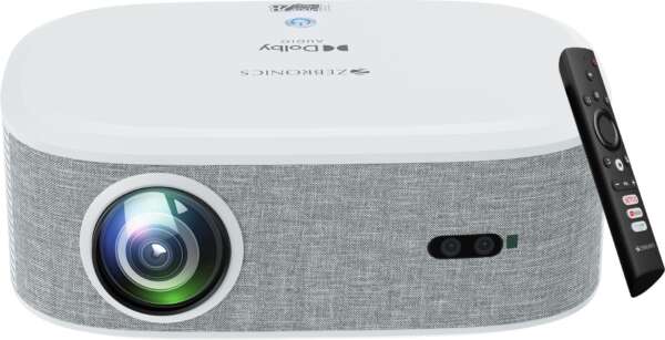 ZEBRONICS ZEB-PIXAPLAY 28 (18000 lm) 1080p FHD, 508 cm Screen, Dolby Audio, Auto Focus, Auto Keystone, HDMI (ARC), Miracast, Dual Band, 30,000 Hour Lamp Life, OTT Apps Support : Netflix, Amazon Prime, YouTube Smart Projector  (White + Grey)