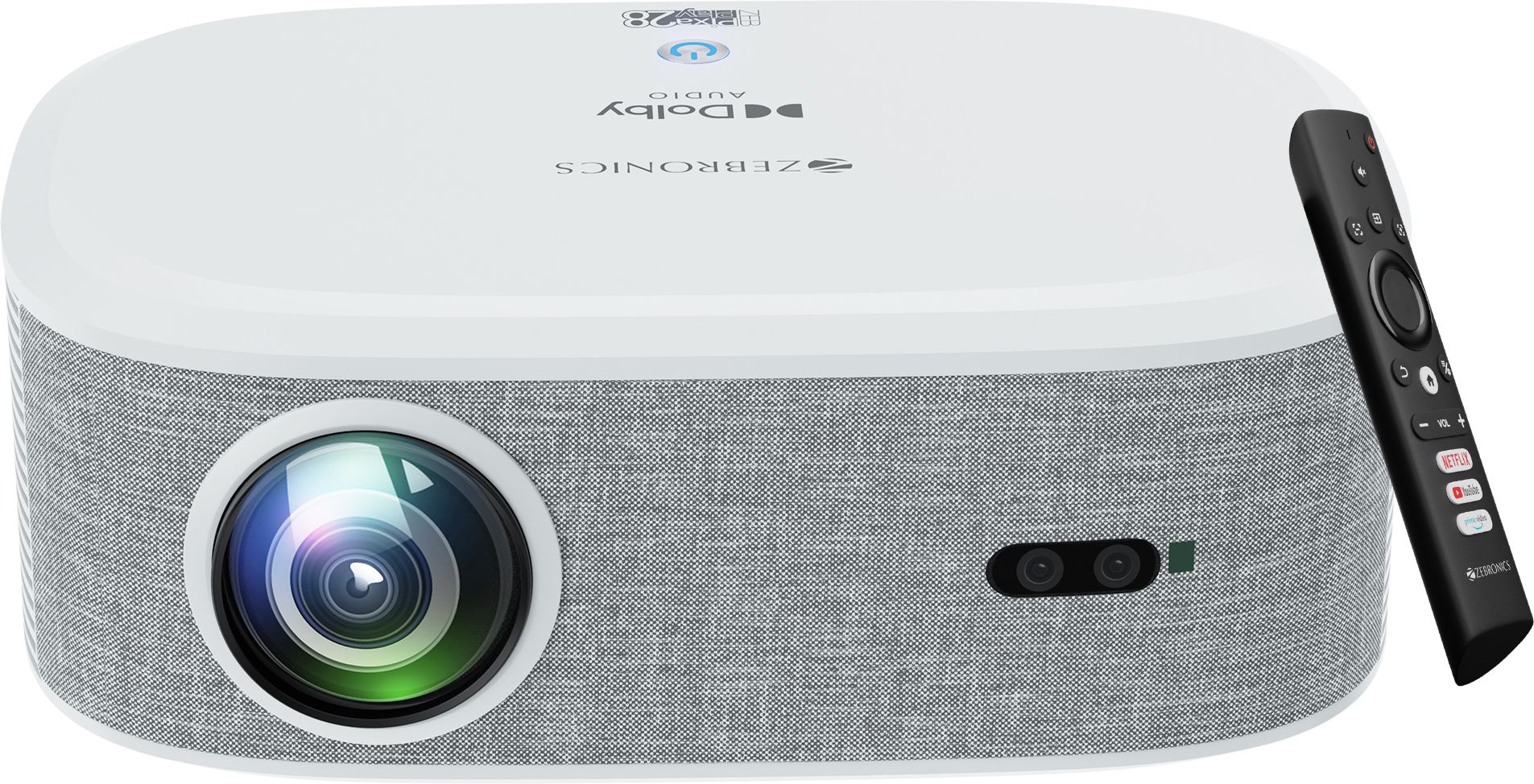 ZEBRONICS ZEB-PIXAPLAY 28 (18000 lm) 1080p FHD, 508 cm Screen, Dolby Audio, Auto Focus, Auto Keystone, HDMI (ARC), Miracast, Dual Band, 30,000 Hour Lamp Life, OTT Apps Support : Netflix, Amazon Prime, YouTube Smart Projector  (White + Grey)